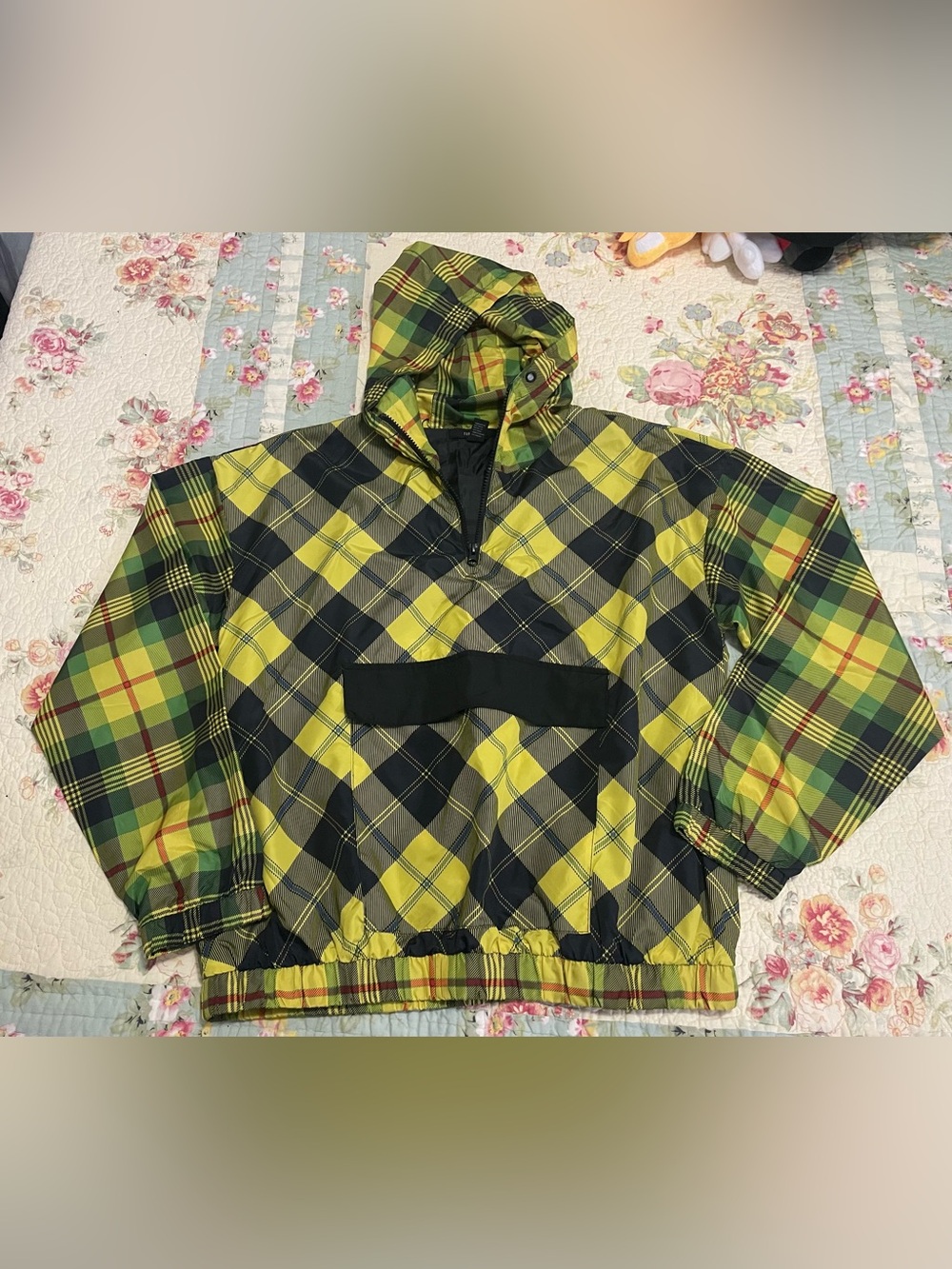 Forever 21 Yellow and Black Plaid Hooded Anorak Jacket